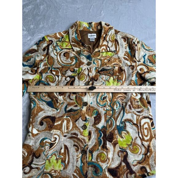 Chicos Blazer Jacket Womens Large Woven Cotton Brown Blue Abstract Print Button - Picture 8 of 11